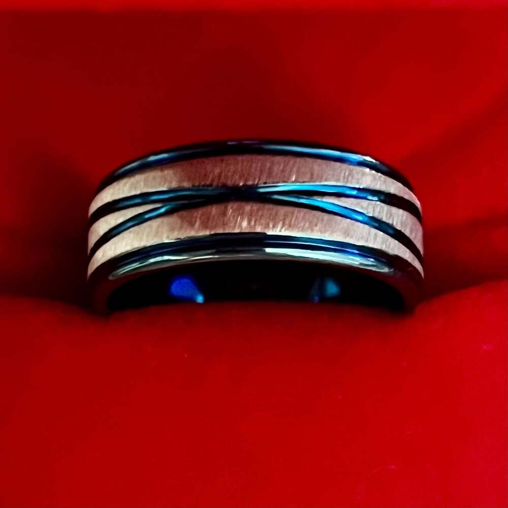 Tungsten Carbide Ring Blue And Brushed Silver Grooved 6mm Band Size 9